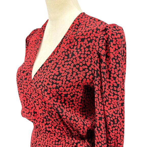 Free People Kinsley Red & Black Floral Print V-neck Long Sleeve Mini Wrap Dress - Picture 7 of 15